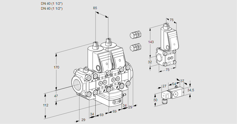 Регулятор соотношения газ/воздух с двумя эл.магнитными клапанами VCG 2E40R/40R05FNGEVWR3/2--3/PPZS