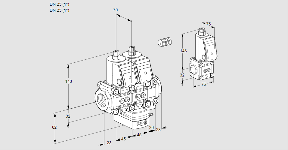 Регулятор соотношения газ/воздух с двумя эл.магнитными клапанами VCG 1E25R/25R05NGEVWR/PPPP/PPBS