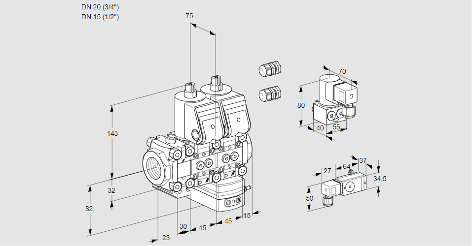 Регулятор соотношения газ/воздух с двумя эл.магнитными клапанами VCG 1E20R/15R05FNGEWR3/4-PP/2-BY