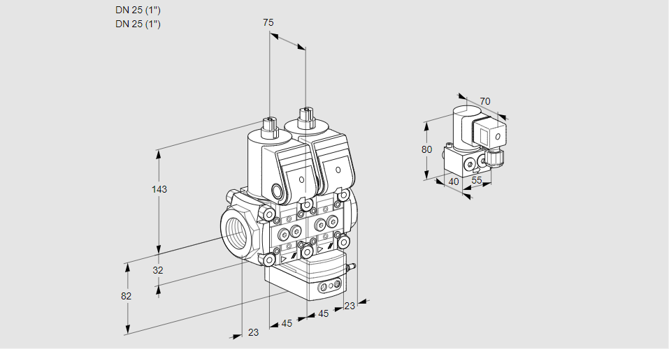 Регулятор соотношения газ/воздух с двумя эл.магнитными клапанами VCG 1E25R/25R05NGEWR/PPPP/PPBY