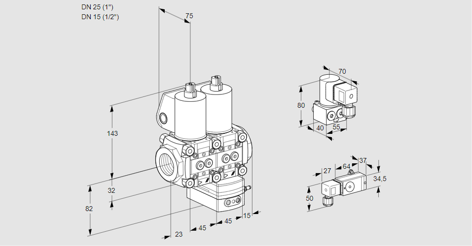 Регулятор соотношения газ/воздух с двумя эл.магнитными клапанами VCG 1E25R/15R05NGEWL/MMBY/2-PP