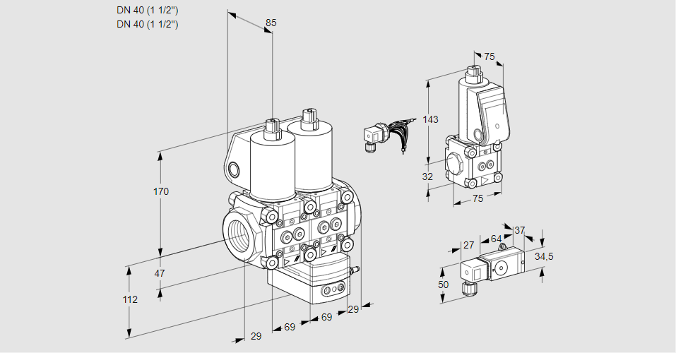 Регулятор соотношения газ/воздух с двумя эл.магнитными клапанами VCG 2E40R/40R05NGKWL/MMBS/2--2