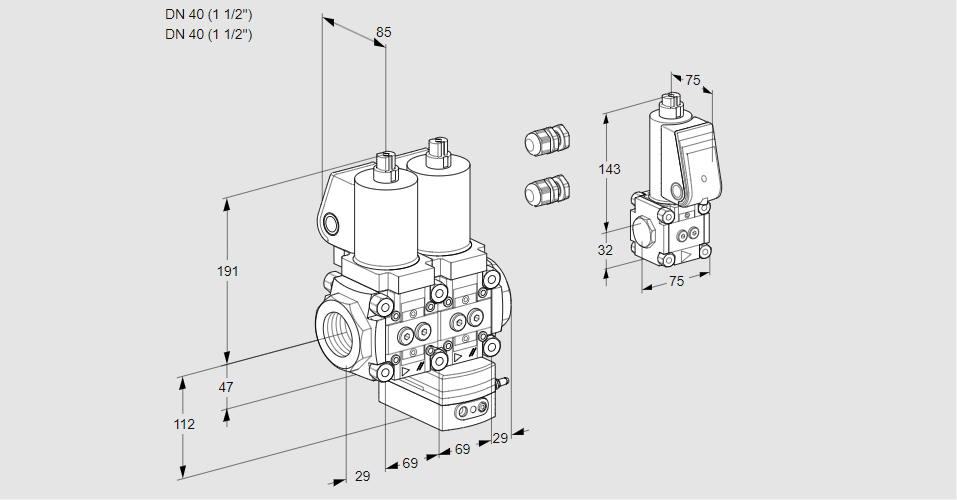 Регулятор соотношения газ/воздух с двумя эл.магнитными клапанами VCG 2E40R/40R05NGKWSL3/PPBS/MMMM