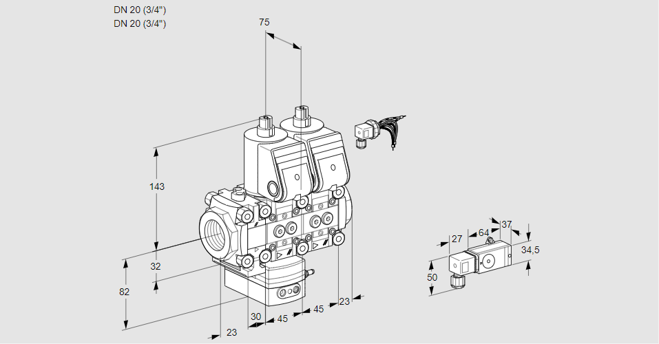 Регулятор давления с двумя эл.магнитными клапанами VCD 1E20R/20R05FD-50NWR/2-PP/PPPP