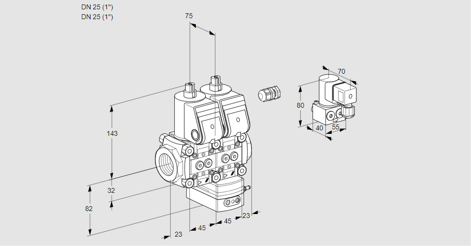 Регулятор соотношения газ/воздух с двумя эл.магнитными клапанами VCG 1E25R/25R05NGEWR/PPPP/PPBY