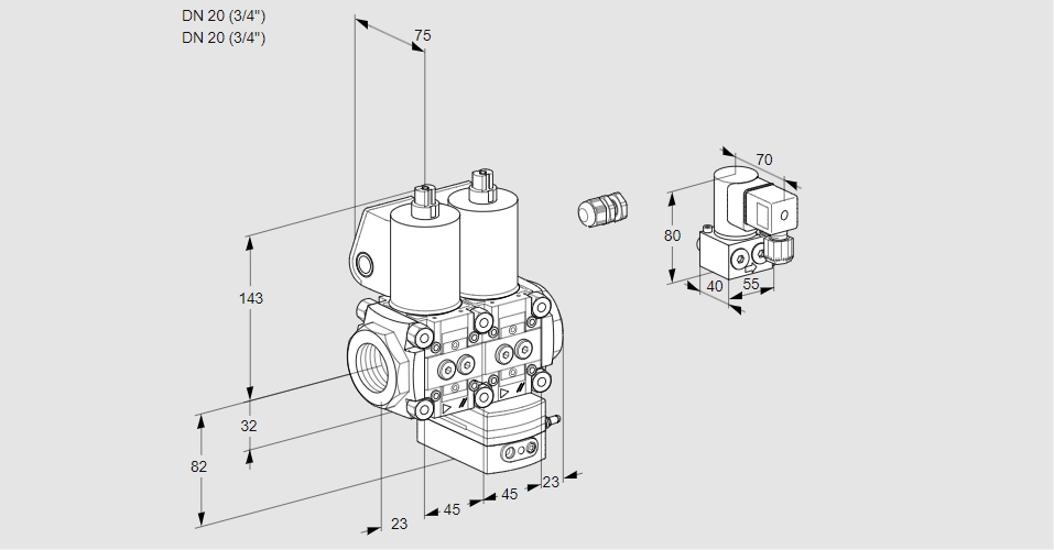 Регулятор соотношения газ/воздух с двумя эл.магнитными клапанами VCG 1E20R/20R05NGEWL/PPBY/PPPP