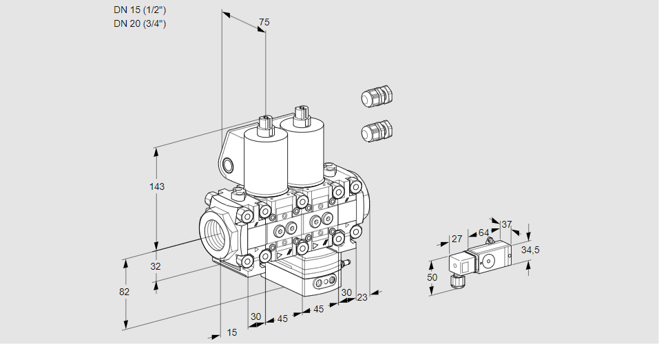 Регулятор соотношения газ/воздух с двумя эл.магнитными клапанами VCG 1E15R/20R05FNGEVWL3/PPPP/PP2-