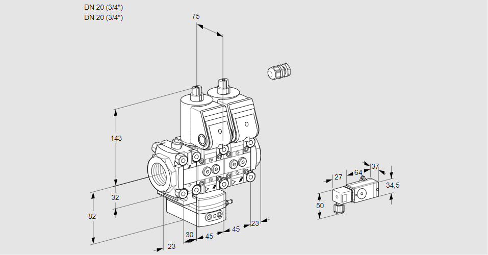 Регулятор соотношения газ/воздух с двумя эл.магнитными клапанами VCG 1E20R/20R05FGKNWR/3--4/PPPP