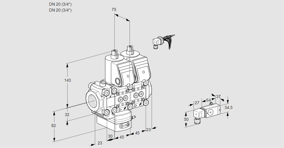 Регулятор соотношения газ/воздух с двумя эл.магнитными клапанами VCG 1E20R/20R05FGKNWR/3--4/-3PP