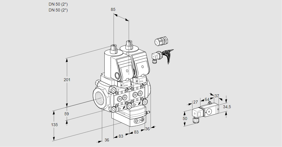 Регулятор соотношения газ/воздух с двумя эл.магнитными клапанами VCG 3E50R/50R05NGEWGR8/-3PP/PP-4