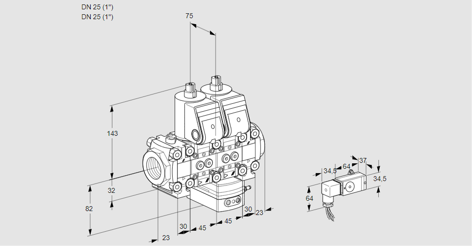 Регулятор соотношения газ/воздух с двумя эл.магнитными клапанами VCG 1T25N/25N05FNGKVQR/2--3/PPPP