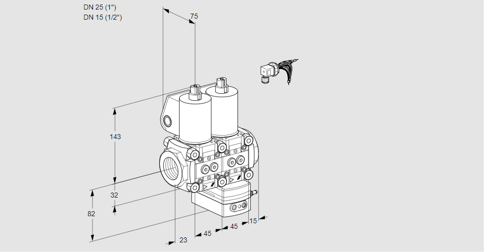 Регулятор соотношения газ/воздух с двумя эл.магнитными клапанами VCG 1E25R/15R05NGEWL/PPPP/PPPP