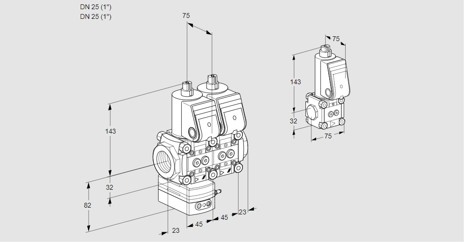 Регулятор соотношения газ/воздух с двумя эл.магнитными клапанами VCG 1T25N/25N05GANQR/PPPP/PPZS