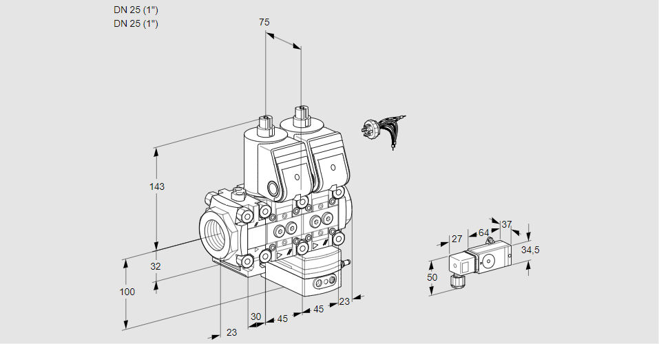 Регулятор соотношения газ/воздух с двумя эл.магнитными клапанами VCV 1E25R/25R05FNVKWR/2-PP/PPPP