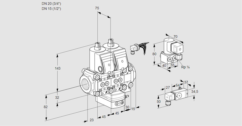 Регулятор соотношения газ/воздух с двумя эл.магнитными клапанами VCG 1E20R/15R05NGEVWR/-3PP/PPZY