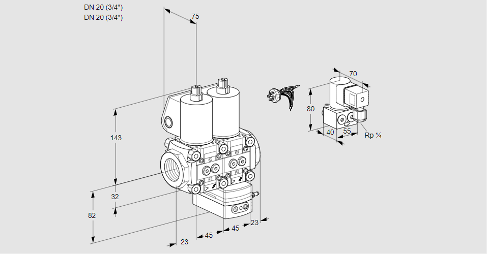 Регулятор соотношения газ/воздух с двумя эл.магнитными клапанами VCG 1E20R/20R05NGEWL/PPZY/PPPP