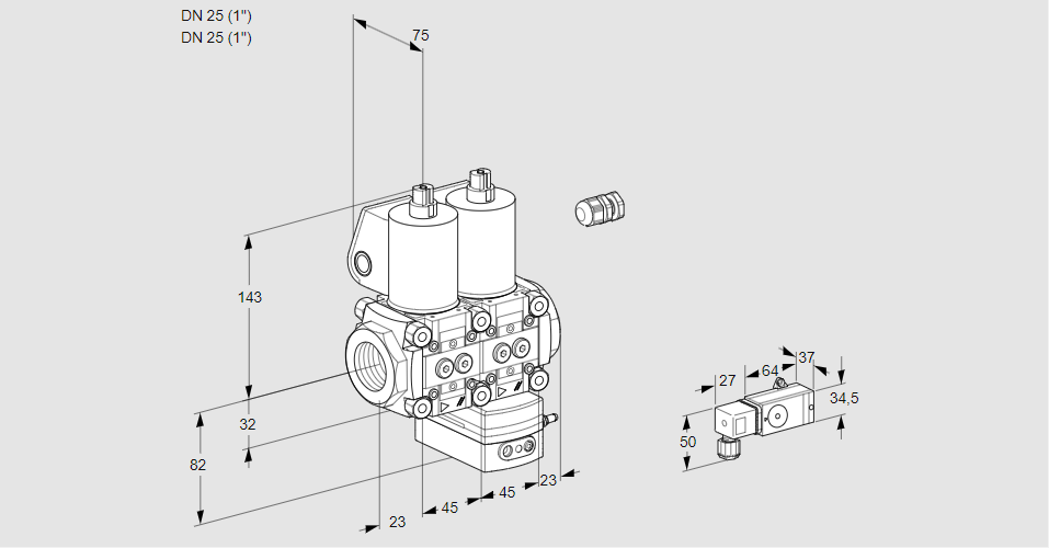 Регулятор соотношения газ/воздух с двумя эл.магнитными клапанами VCG 1E25R/25R05NGEQL/2-PP/4-PP