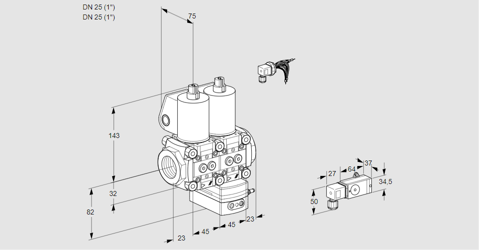 Регулятор соотношения газ/воздух с двумя эл.магнитными клапанами VCG 1E25R/25R05NGEWL/2-PP/PPPP