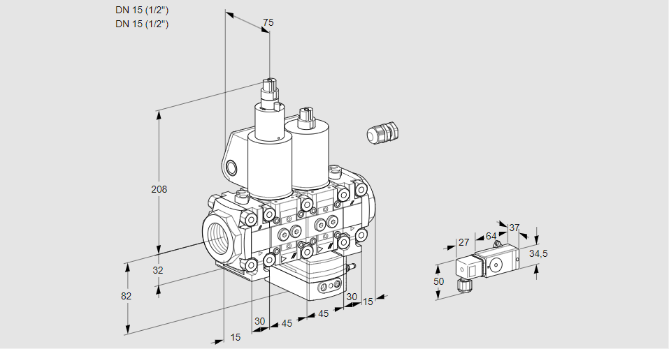 Регулятор соотношения газ/воздух с двумя эл.магнитными клапанами VCG 1E15R/15R05FLGEVWL/PPPP/2-PP