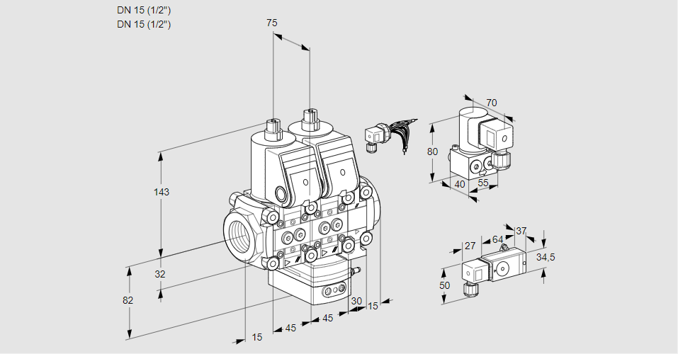 Регулятор соотношения газ/воздух с двумя эл.магнитными клапанами VCG 1E15R/15R05NGEVWR/2-PP/4-BY
