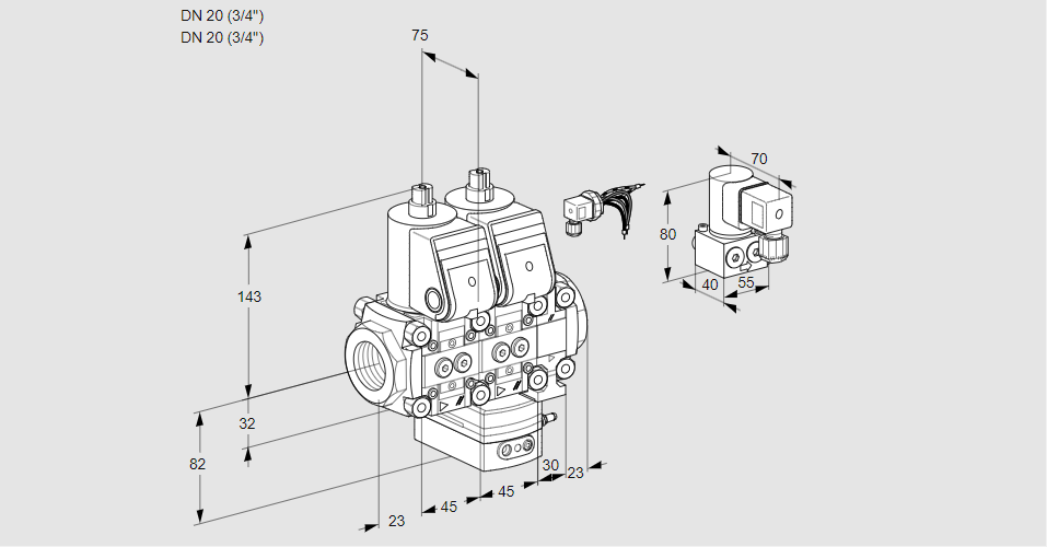 Регулятор соотношения газ/воздух с двумя эл.магнитными клапанами VCG 1E20R/20R05NGEVQR/PPPP/PPBY