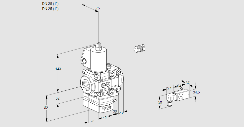 Регулятор соотношения газ/воздух 1:1  с эл.магнитным клапаном VAG 1E25R/25R05GEVWL/2-/PP