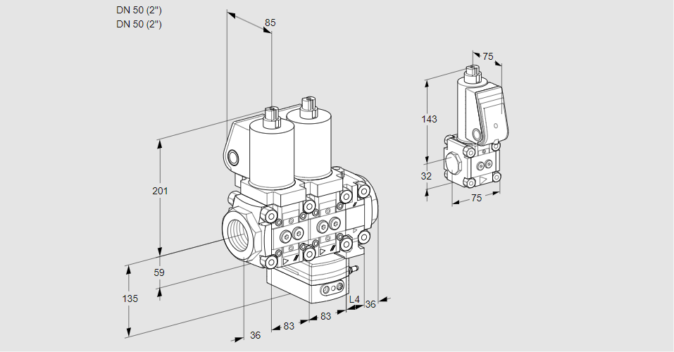 Регулятор соотношения газ/воздух с двумя эл.магнитными клапанами VCG 3T50N/50N05NGAVQSL/PPZS/PPPP