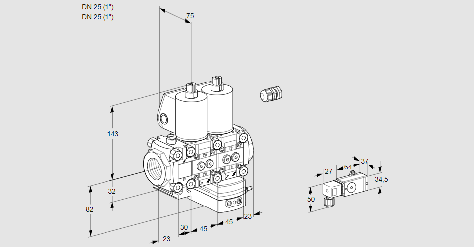 Регулятор соотношения газ/воздух с двумя эл.магнитными клапанами VCG 1E25R/25R05FNGEWL/PPPP/2--3