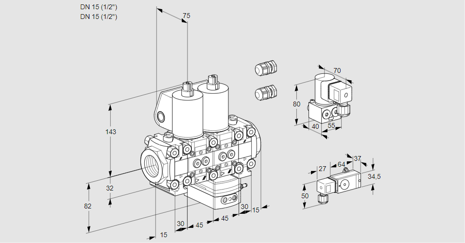 Регулятор соотношения газ/воздух с двумя эл.магнитными клапанами VCG 1E15R/15R05FNGEVWL3/2-BY/PPPP