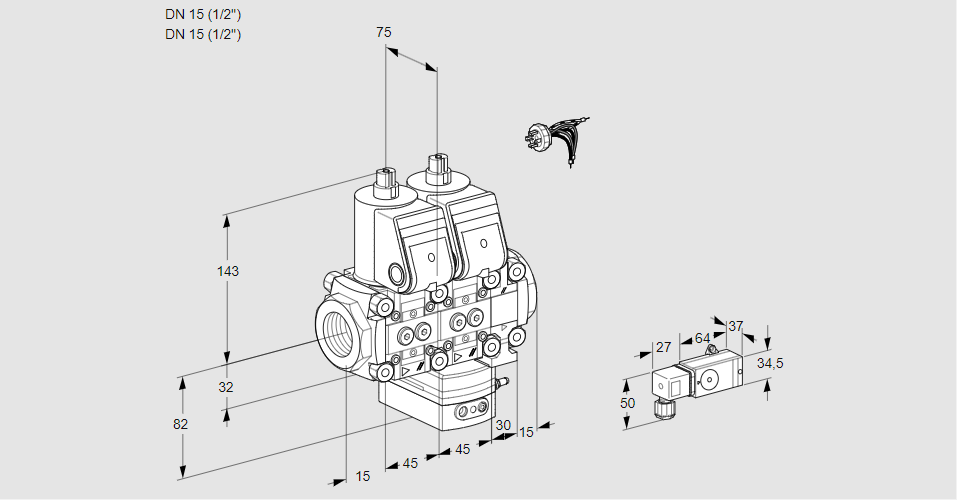 Регулятор соотношения газ/воздух с двумя эл.магнитными клапанами VCG 1E15R/15R05NGEVWR3/PPPP/2--3