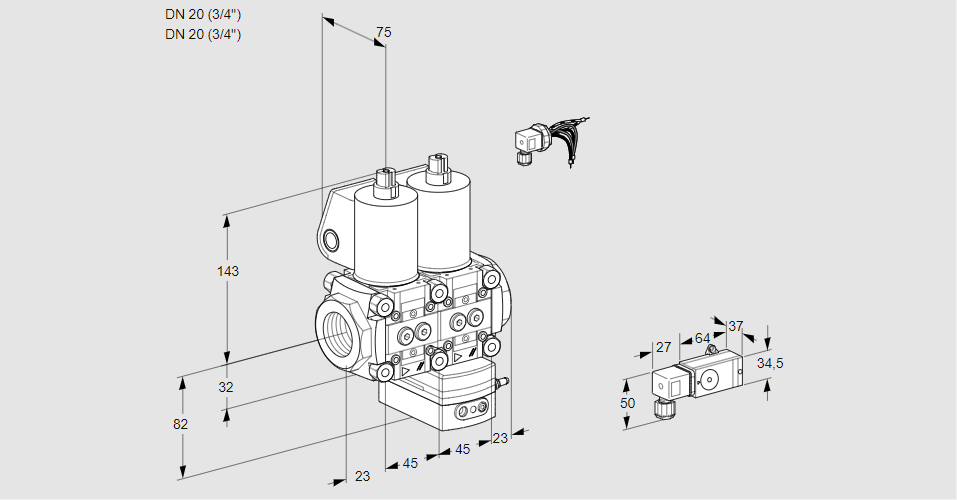 Регулятор соотношения газ/воздух с двумя эл.магнитными клапанами VCG 1E20R/20R05NGEWL/2--3/-2PP