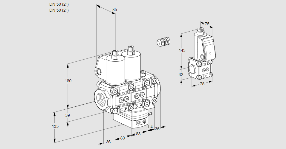 Регулятор соотношения газ/воздух с двумя эл.магнитными клапанами VCG 3E50R/50R05NGEVWL/PPBS/PPPP