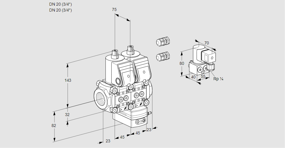 Регулятор соотношения газ/воздух с двумя эл.магнитными клапанами VCG 1E20R/20R05NGEWR3/PPPP/PPZY