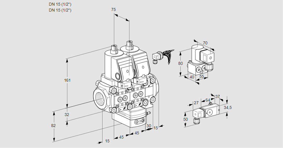 Регулятор соотношения газ/воздух с двумя эл.магнитными клапанами VCG 1E15R/15R05NGEVQGR/2-PP/4-BY