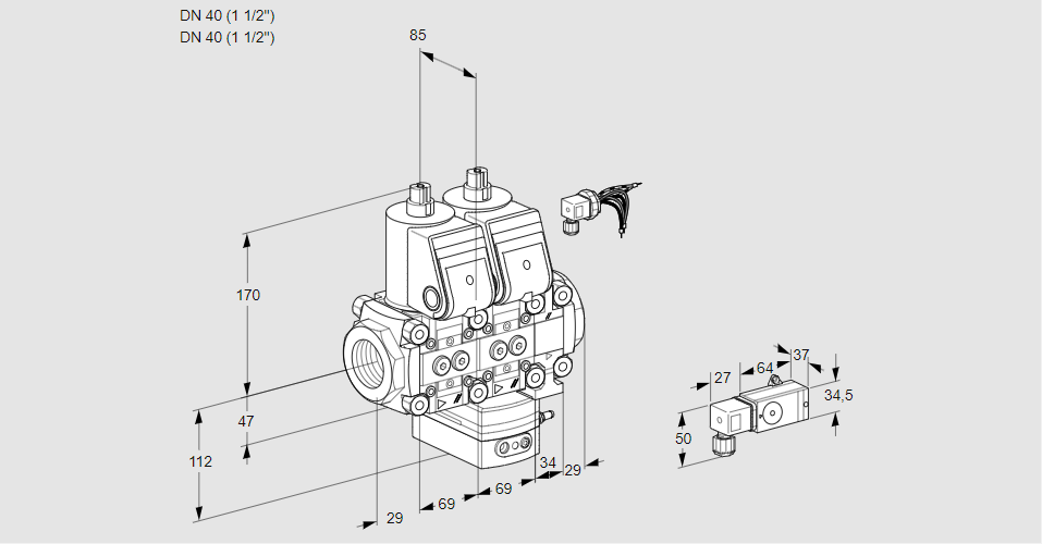 Регулятор соотношения газ/воздух с двумя эл.магнитными клапанами VCG 2E40R/40R05NGEVWR/PP2-/PPPP