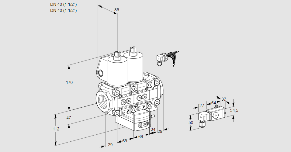Регулятор соотношения газ/воздух с двумя эл.магнитными клапанами VCG 2E40R/40R05NGEVWL/PPPP/PP2-
