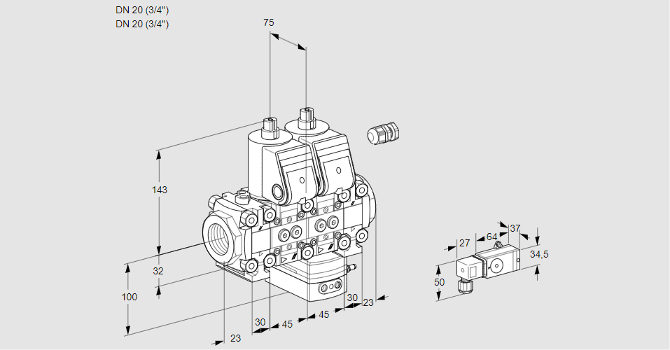 Регулятор расхода с двумя эл.магнитными клапанами VCH 1E20R/20R05FNHEVWR/1-PP/3-PP