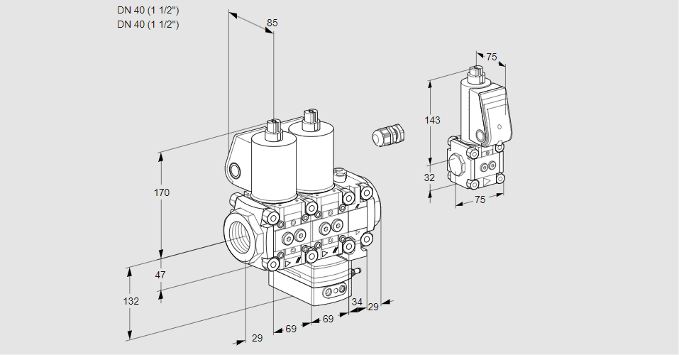 Регулятор расхода с двумя эл.магнитными клапанами VCH 2E40R/40R05NHEVWL3/BSPP/PPPP