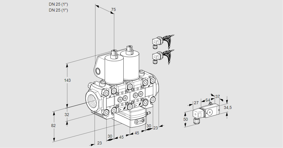 Регулятор соотношения газ/воздух с двумя эл.магнитными клапанами VCG 1E25R/25R05FNGEVWL6/PPPP/2--4