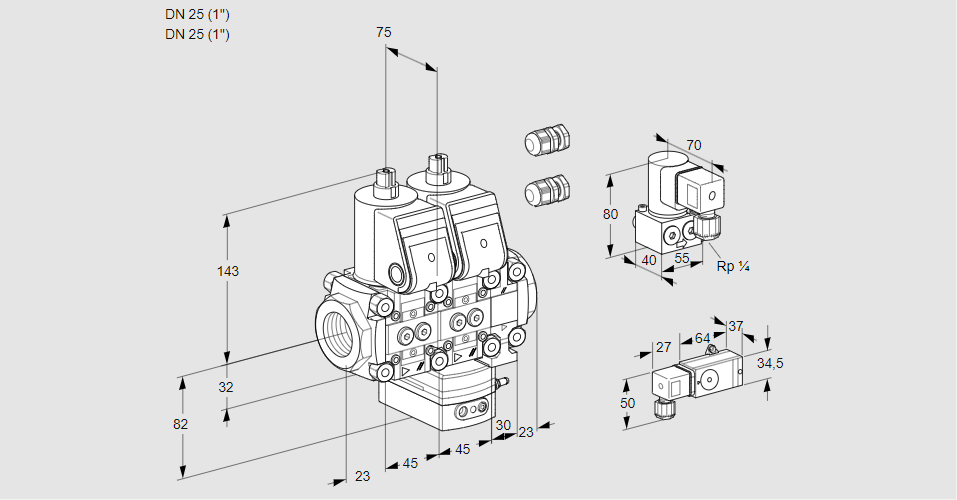 Регулятор соотношения газ/воздух с двумя эл.магнитными клапанами VCG 1E25R/25R05NGEVWR3/2-PP/4-ZY