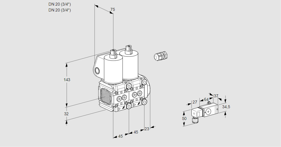Клапан эл.магнитный сдвоенный VCS 1E20R/20R05FNNWL/PPPP/3--4