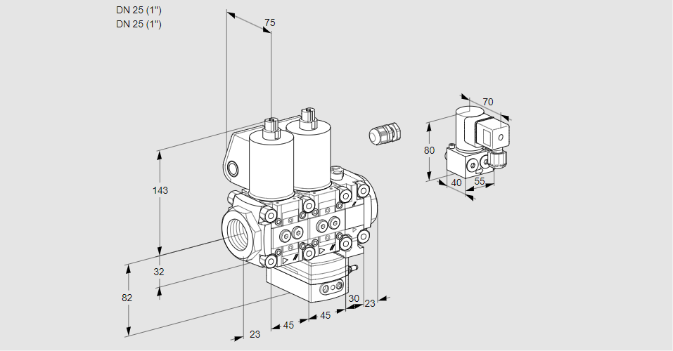 Регулятор соотношения газ/воздух с двумя эл.магнитными клапанами VCG 1E25R/25R05NGEVWL/PPBY/PPPP