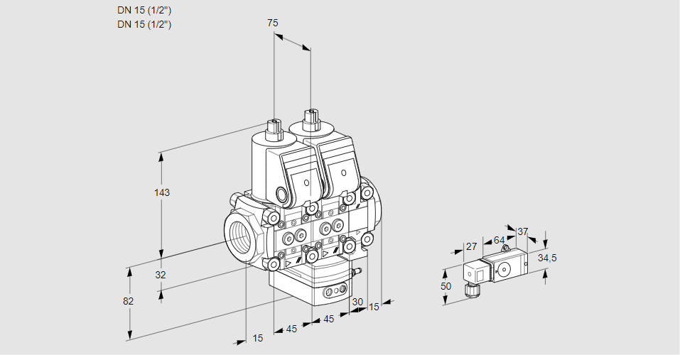 Регулятор соотношения газ/воздух с двумя эл.магнитными клапанами VCG 1E15R/15R05NGEVWR/2-PP/PPPP
