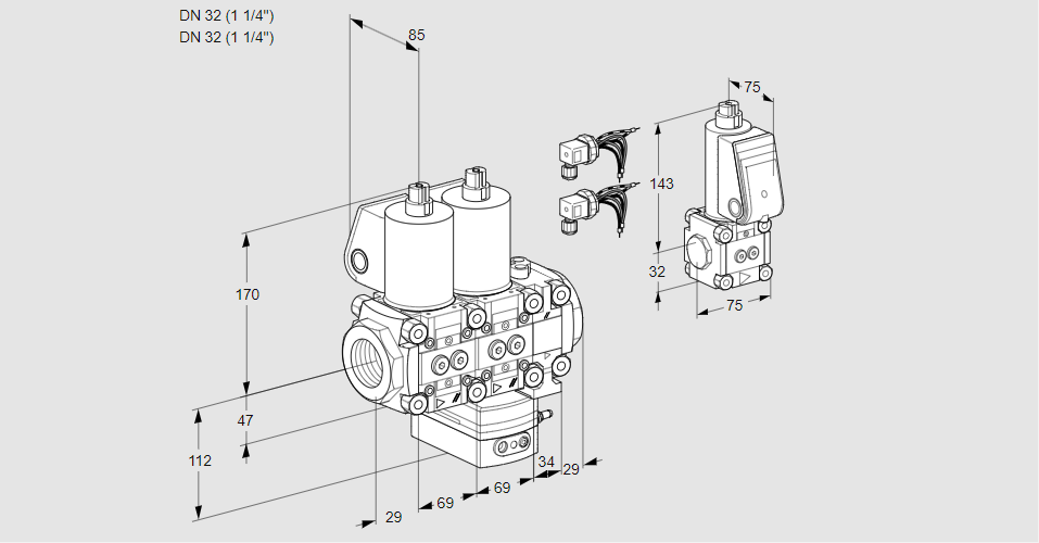 Регулятор соотношения газ/воздух с двумя эл.магнитными клапанами VCG 2E32R/32R05NGEVWL6/PPBS/PPPP