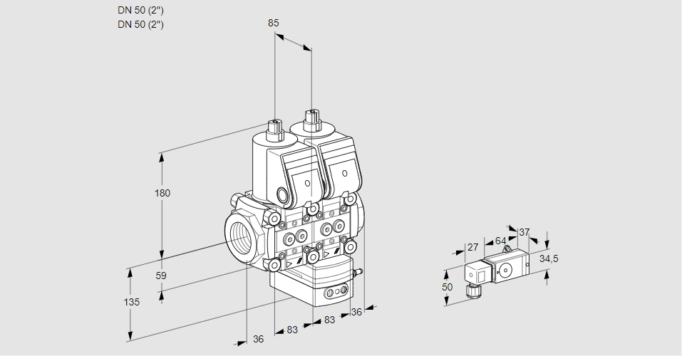 Регулятор соотношения газ/воздух с двумя эл.магнитными клапанами VCG 3E50R/50R05NGEWR/PP-5/3--5
