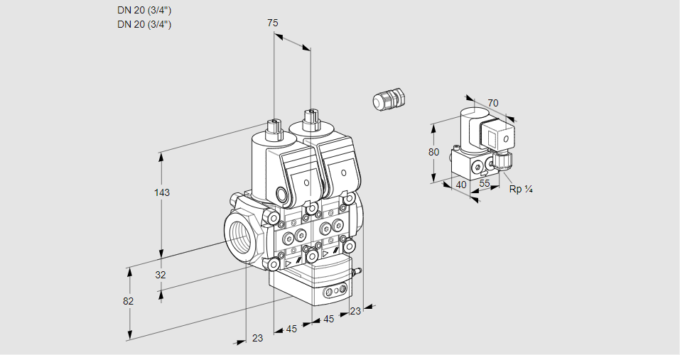 Регулятор соотношения газ/воздух с двумя эл.магнитными клапанами VCG 1E20R/20R05NGEWR/PPPP/PPZY