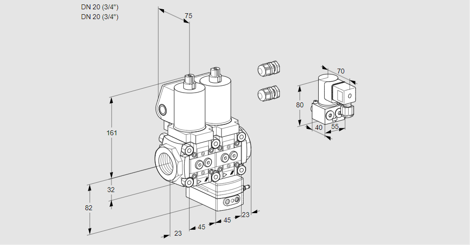 Регулятор соотношения газ/воздух с двумя эл.магнитными клапанами VCG 1E20R/20R05NGEWGL3/PPBY/PPPP