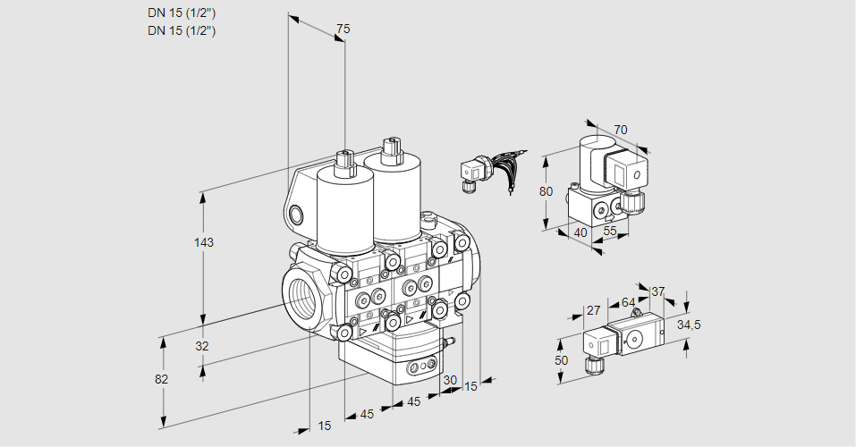 Регулятор соотношения газ/воздух с двумя эл.магнитными клапанами VCG 1E15R/15R05NGEVWL/MMBY/2--4