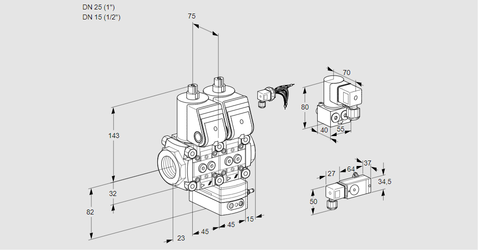 Регулятор соотношения газ/воздух с двумя эл.магнитными клапанами VCG 1E25R/15R05NGEWR/2--4/MMBY