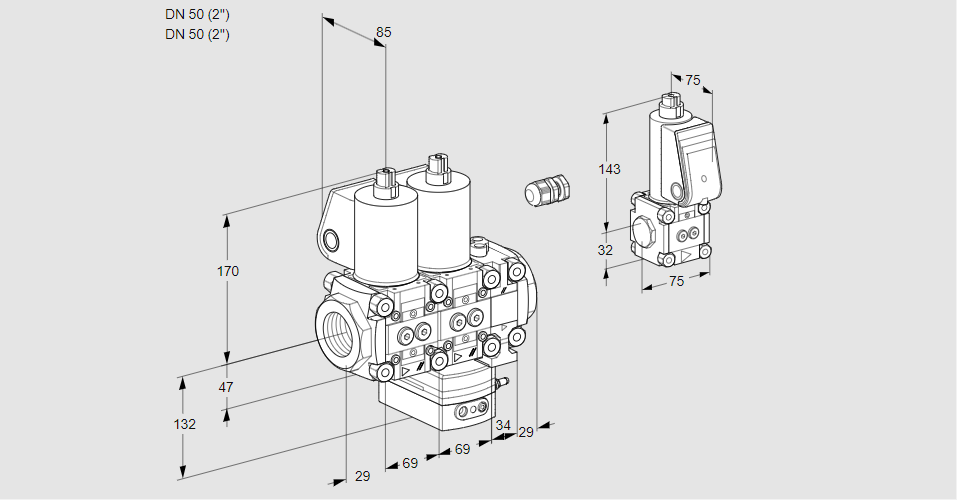 Регулятор расхода с двумя эл.магнитными клапанами VCH 2E50R/50R05NHEVWL3/BSPP/PPPP